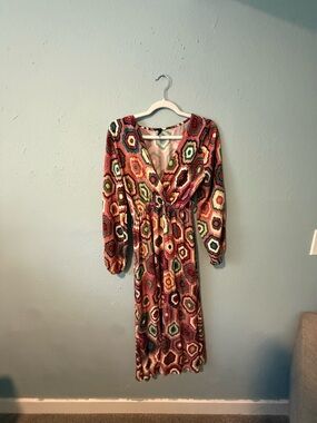James Lakeland Italy Cotton Multicolor Hexagon Print Long Sleeve Wrap Dress